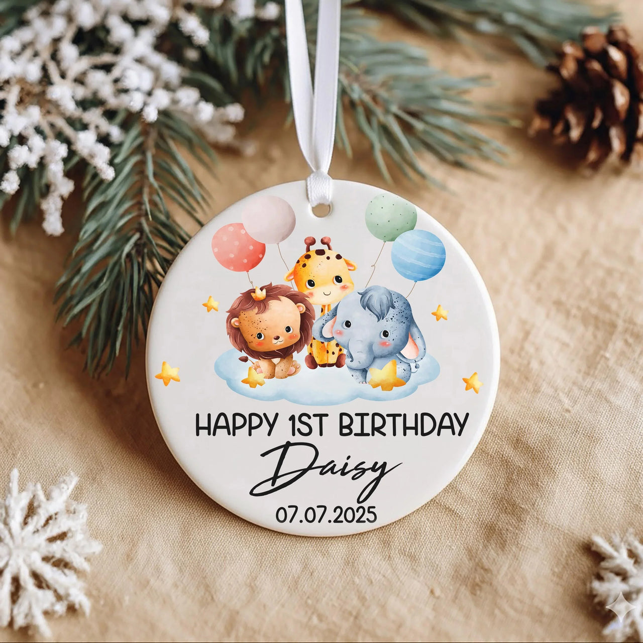 Baby First Birthday Ornament - Safari Animals Keepsake with Name & Date