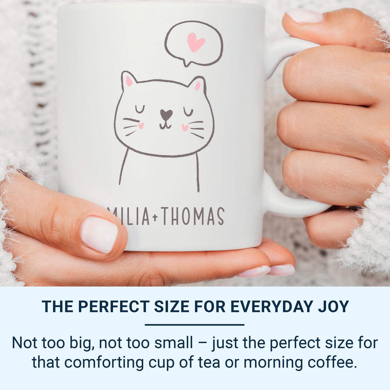 Personalised Couple Names Cat Love Mug – White Kitty with Heart Nose and Speech Bubble – Romantic Anniversary and Valentine Gift