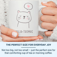 Personalised Couple Names Cat Love Mug – White Kitty with Heart Nose and Speech Bubble – Romantic Anniversary and Valentine Gift
