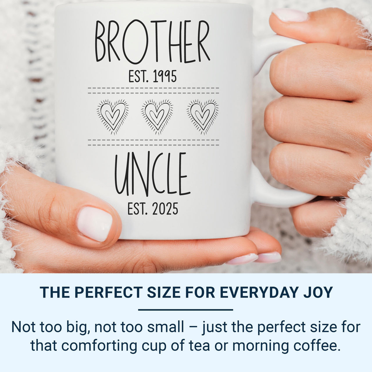 Brother to Uncle Mug - EST. Dates Personalised with Heart Icons - New Uncle and Pregnancy Reveal Gift
