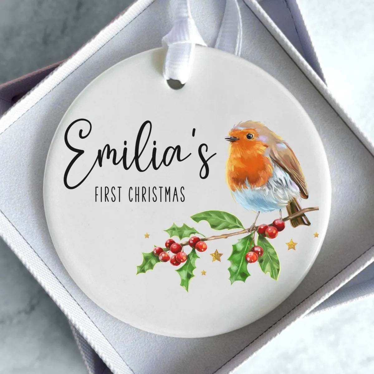 Bespoke Baby's 1st Christmas Ornament - Winter Bird Motif - Keepsake Decoration - DENMARY