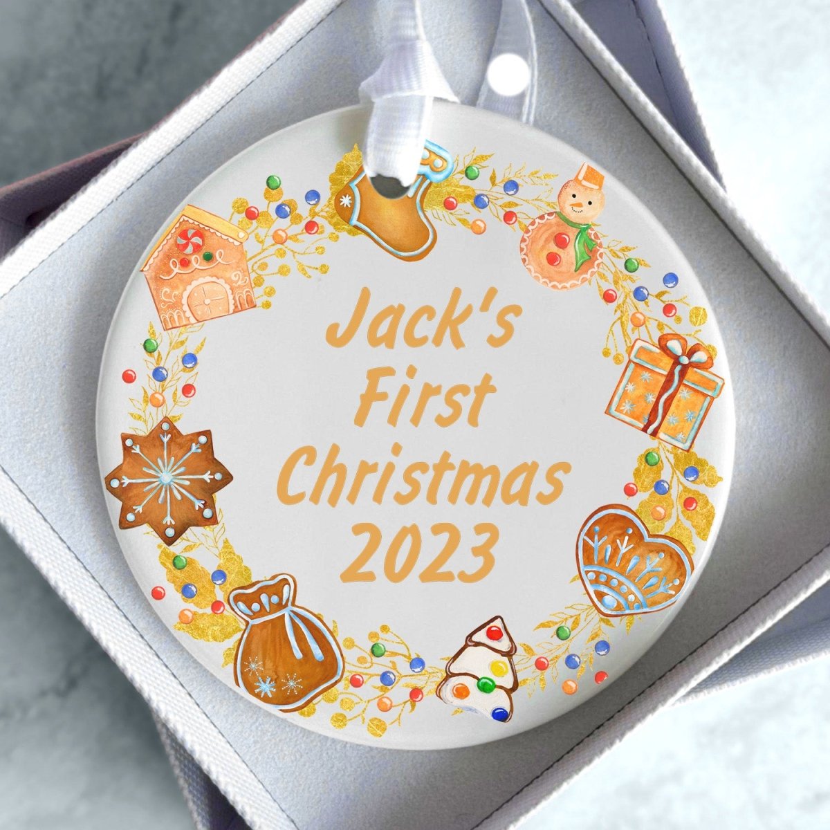 Bespoke Baby's First Yuletide Bauble - Winter Wreath Design - Ceramic Keepsake - DENMARY