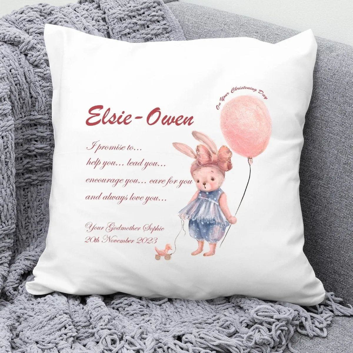 Bespoke Christening Day Bunny Pillow - Baby Girl Keepsake - DENMARY