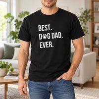 Best Dog Dad Ever Iron-On Transfer - Paw Print Slogan Design, shown on a black t-shirt