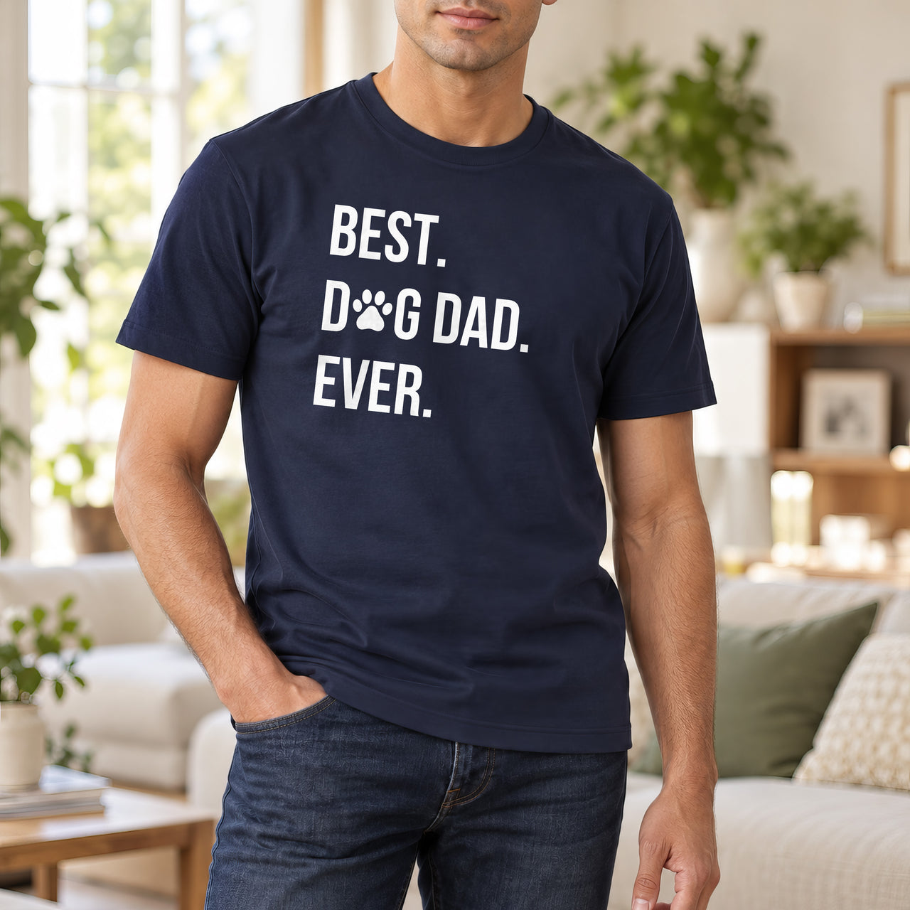 Best Dog Dad Ever Iron-On Transfer - Paw Print Slogan Design, shown on a navy t-shirt