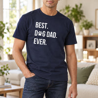 Best Dog Dad Ever Iron-On Transfer - Paw Print Slogan Design, shown on a navy t-shirt