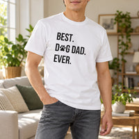 Best Dog Dad Ever Iron-On Transfer - Paw Print Slogan Design, shown on a white t-shirt