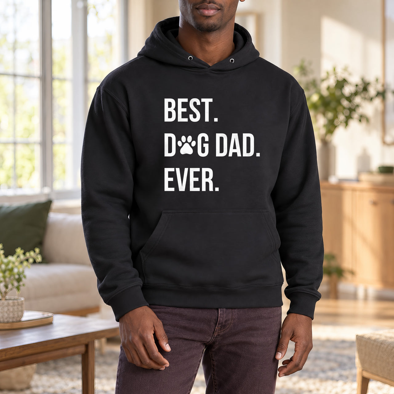 Best Dog Dad Ever Iron-On Transfer - Paw Print Slogan Design, shown on a black hoodie