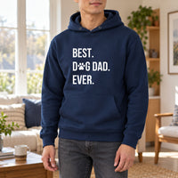 Best Dog Dad Ever Iron-On Transfer - Paw Print Slogan Design, shown on a navy hoodie