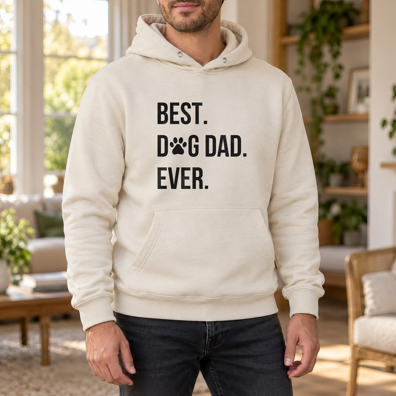 Best Dog Dad Ever Iron-On Transfer - Paw Print Slogan Design, shown on a natural hoodie