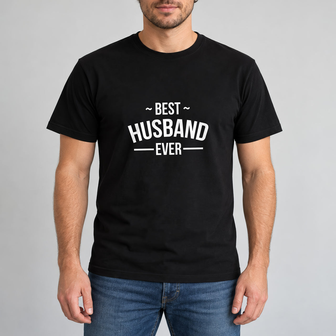 Best Husband Ever Iron-On Transfer, shown on a black t-shirt