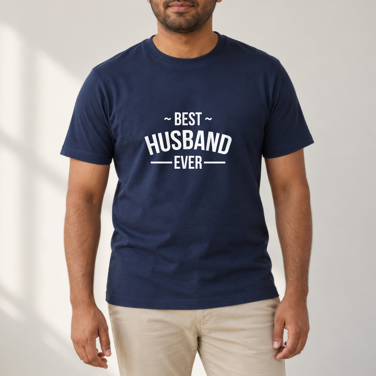Best Husband Ever Iron-On Transfer, shown on a navy t-shirt