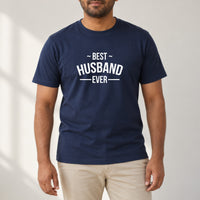 Best Husband Ever Iron-On Transfer, shown on a navy t-shirt
