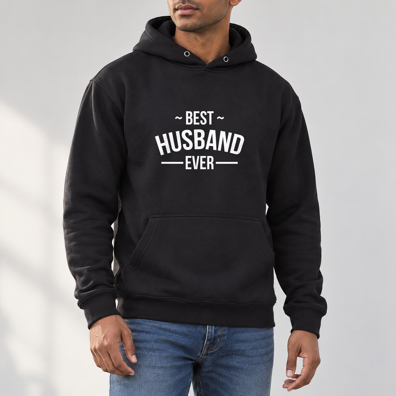 Best Husband Ever Iron-On Transfer, shown on a black hoodie