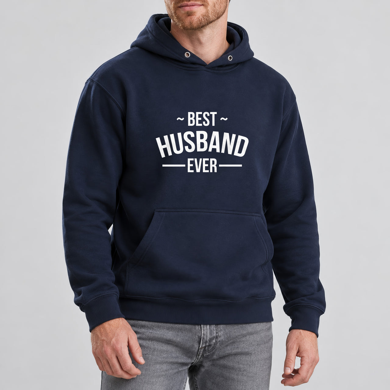 Best Husband Ever Iron-On Transfer, shown on a navy hoodie
