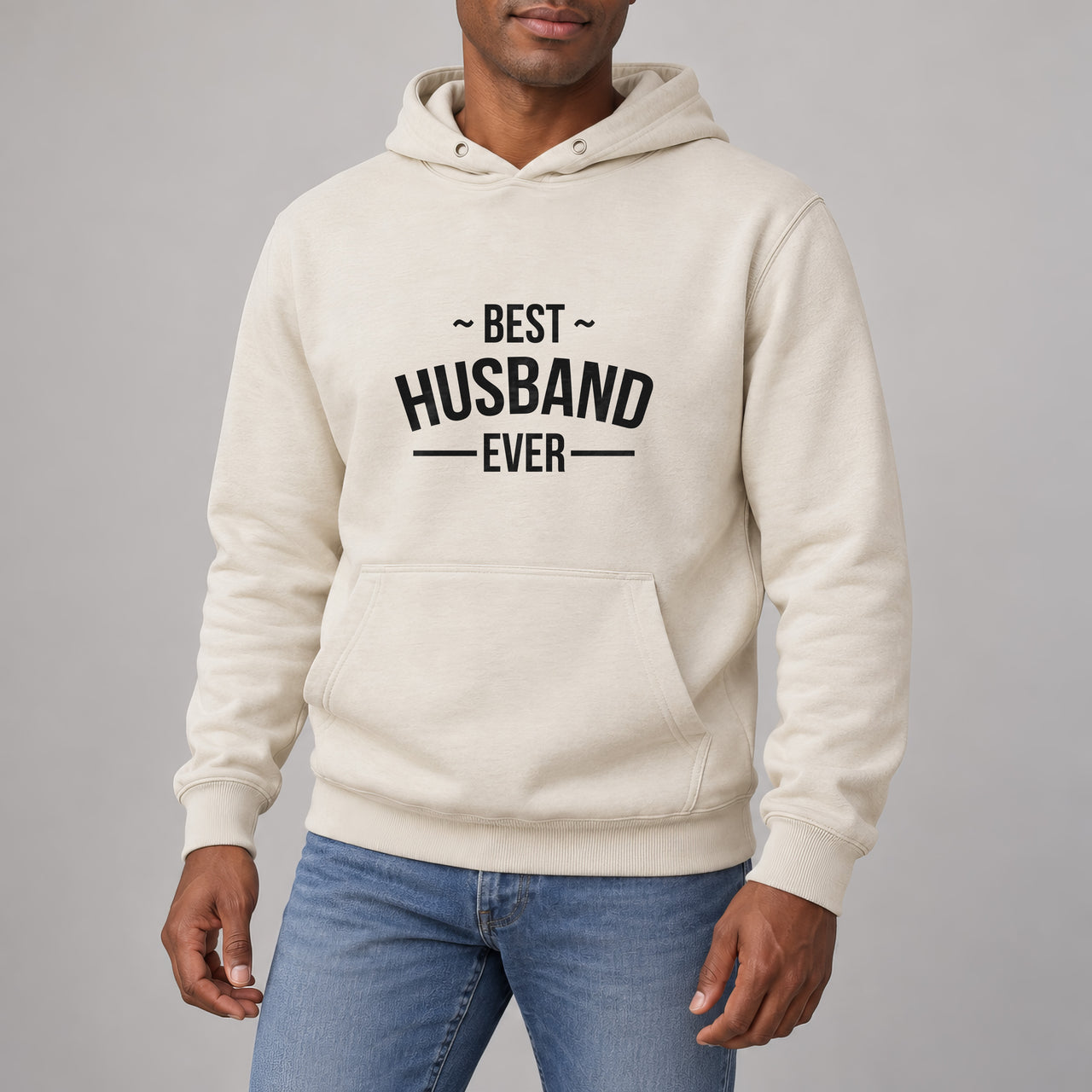 Best Husband Ever Iron-On Transfer, shown on a natural hoodie