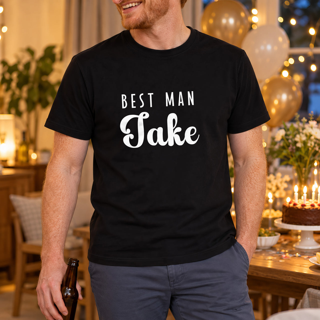 Best Man Iron-On Transfer - Personalised Wedding Name Design, shown on a black t-shirt