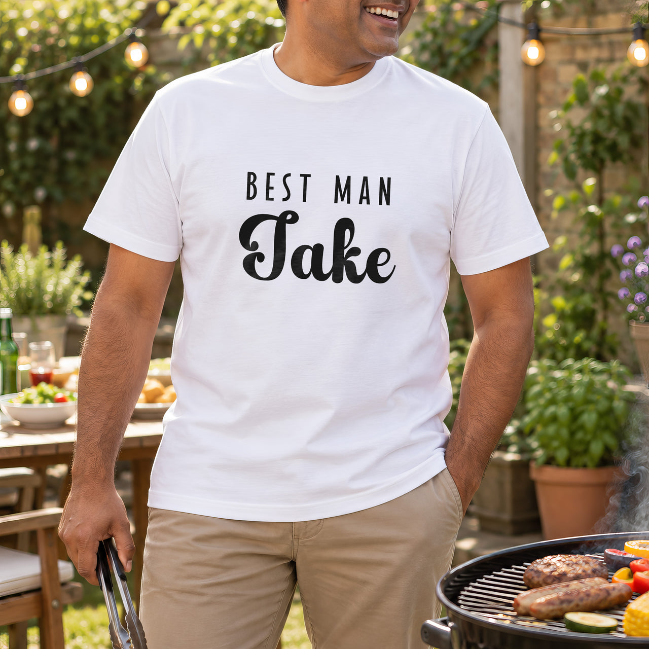 Best Man Iron-On Transfer - Personalised Wedding Name Design, shown on a white t-shirt