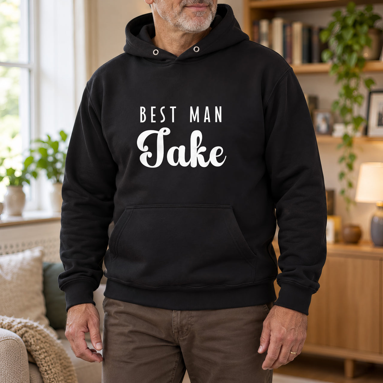 Best Man Iron-On Transfer - Personalised Wedding Name Design, shown on a black hoodie