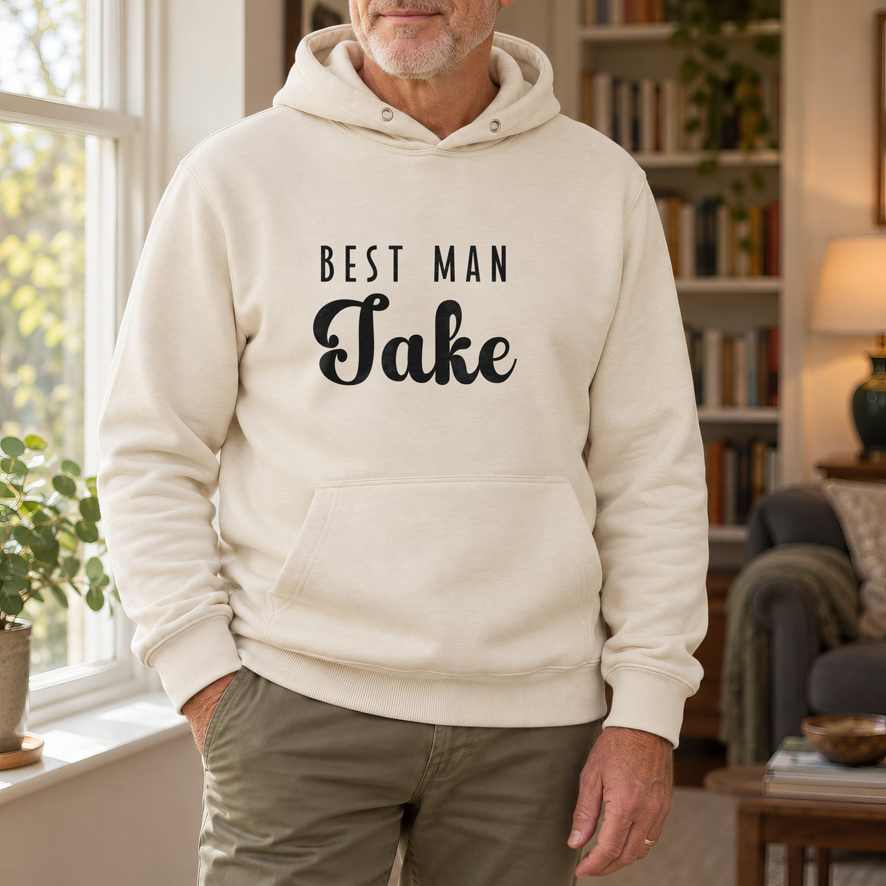 Best Man Iron-On Transfer - Personalised Wedding Name Design, shown on a natural hoodie