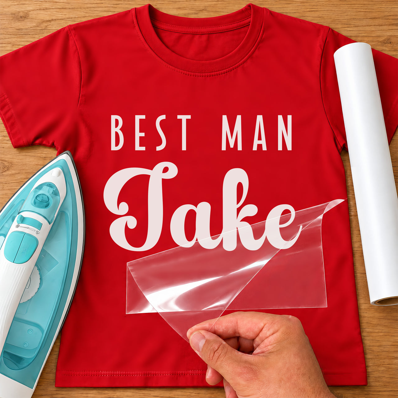 Red T-shirt with white 'BEST MAN' and 'Jake' name iron-on transfer, iron and white vinyl roll