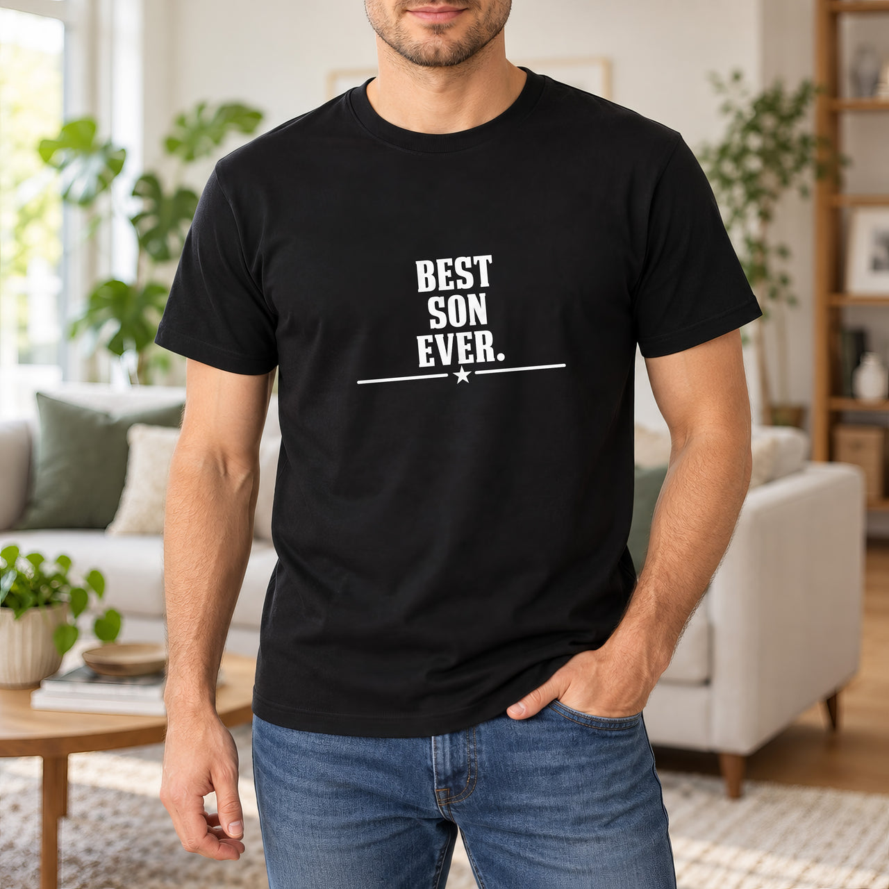 Best Son Ever Iron-On Transfer - Ready-Made Family Design, shown on a black t-shirt