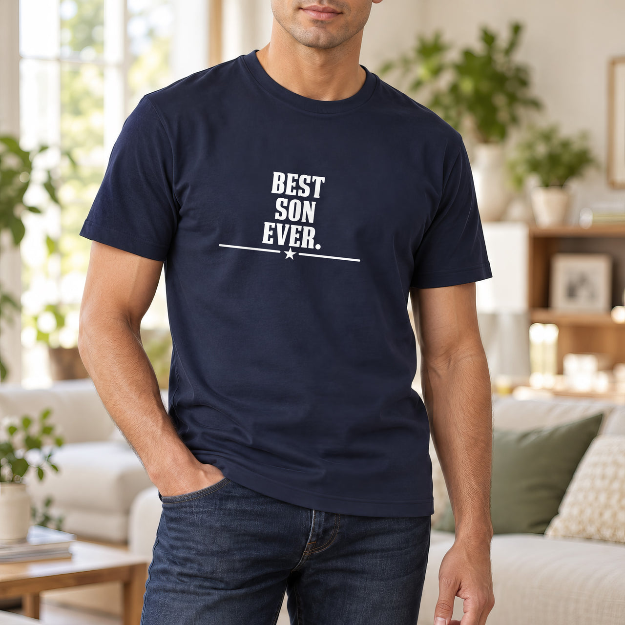Best Son Ever Iron-On Transfer - Ready-Made Family Design, shown on a navy t-shirt