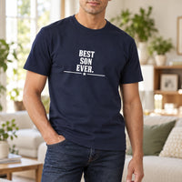 Best Son Ever Iron-On Transfer - Ready-Made Family Design, shown on a navy t-shirt