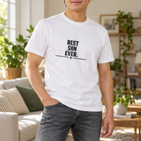 Best Son Ever Iron-On Transfer - Ready-Made Family Design, shown on a white t-shirt