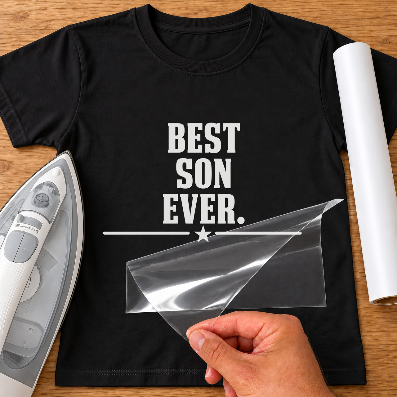 Black T-shirt with white 'BEST SON EVER.' slab serif capitals and star divider iron-on transfer, iron and white vinyl roll