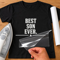 Black T-shirt with white 'BEST SON EVER.' slab serif capitals and star divider iron-on transfer, iron and white vinyl roll