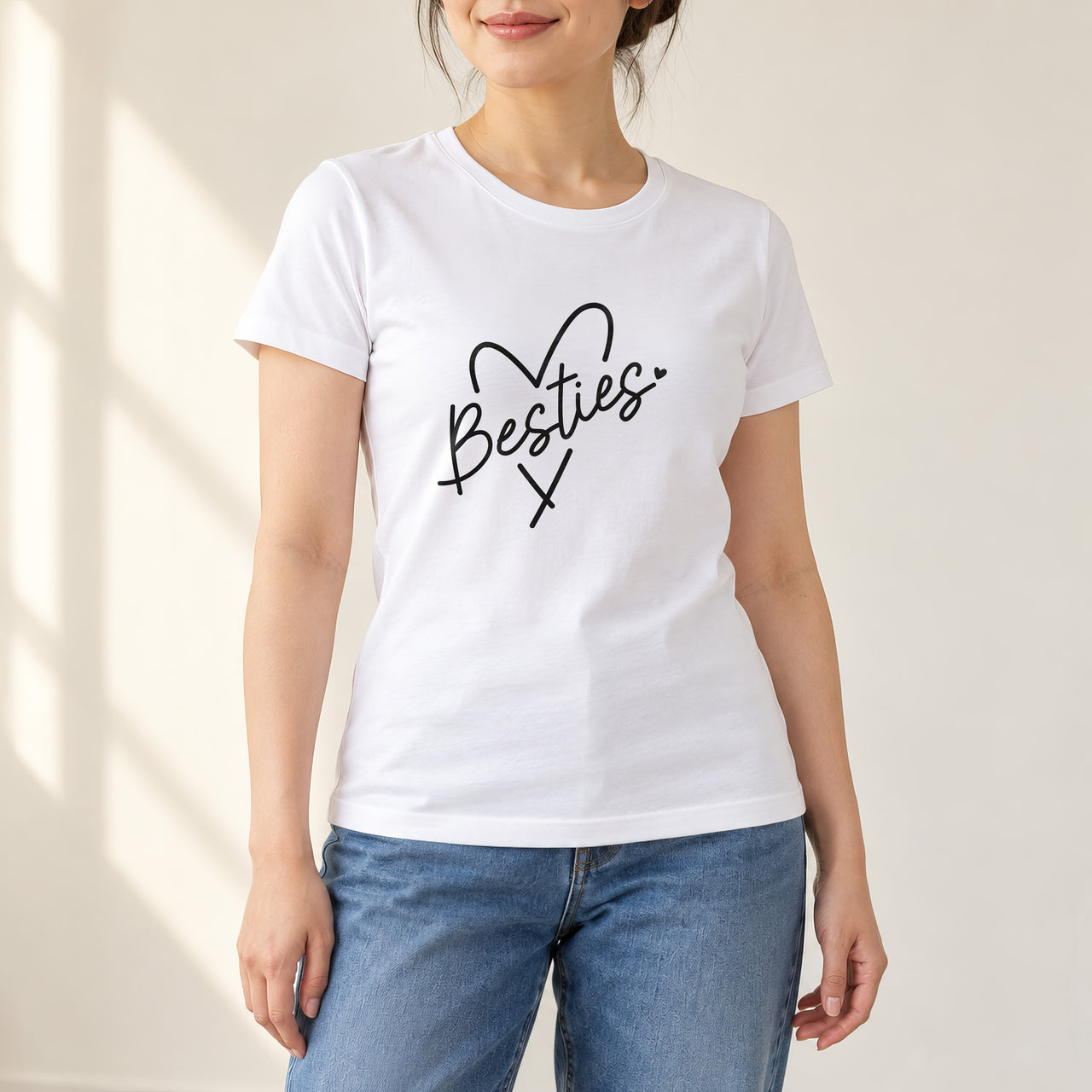 Besties Script Heart Iron-On Transfer - DENMARY HTV, shown on a white t-shirt