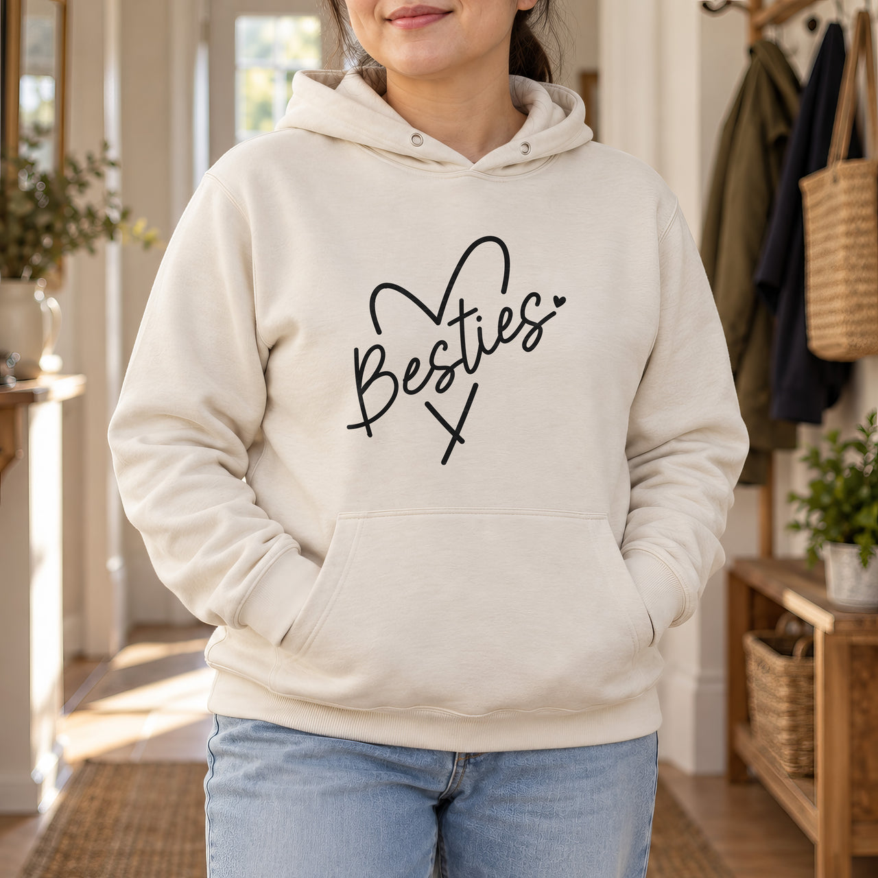 Besties Script Heart Iron-On Transfer - DENMARY HTV, shown on a natural hoodie