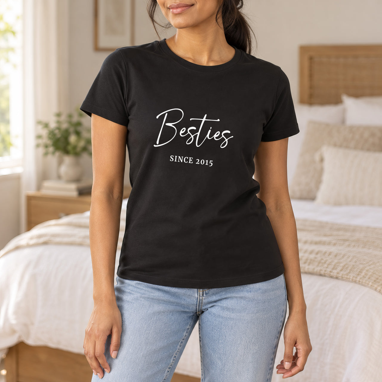 Besties Since Iron-On Transfer, shown on a black t-shirt