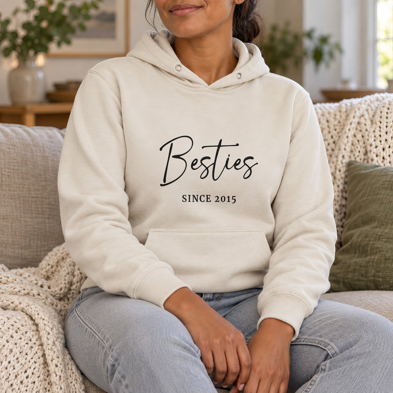 Besties Since Iron-On Transfer, shown on a natural hoodie