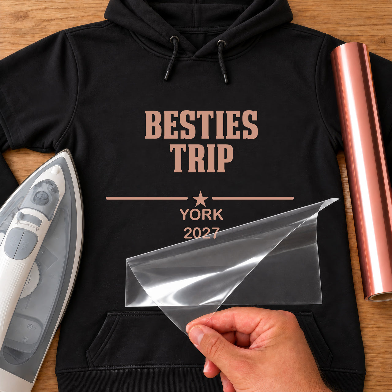 Black hoodie with rose gold iron-on vinyl reading 'BESTIES TRIP', a star, 'YORK 2027', iron and rose gold vinyl roll