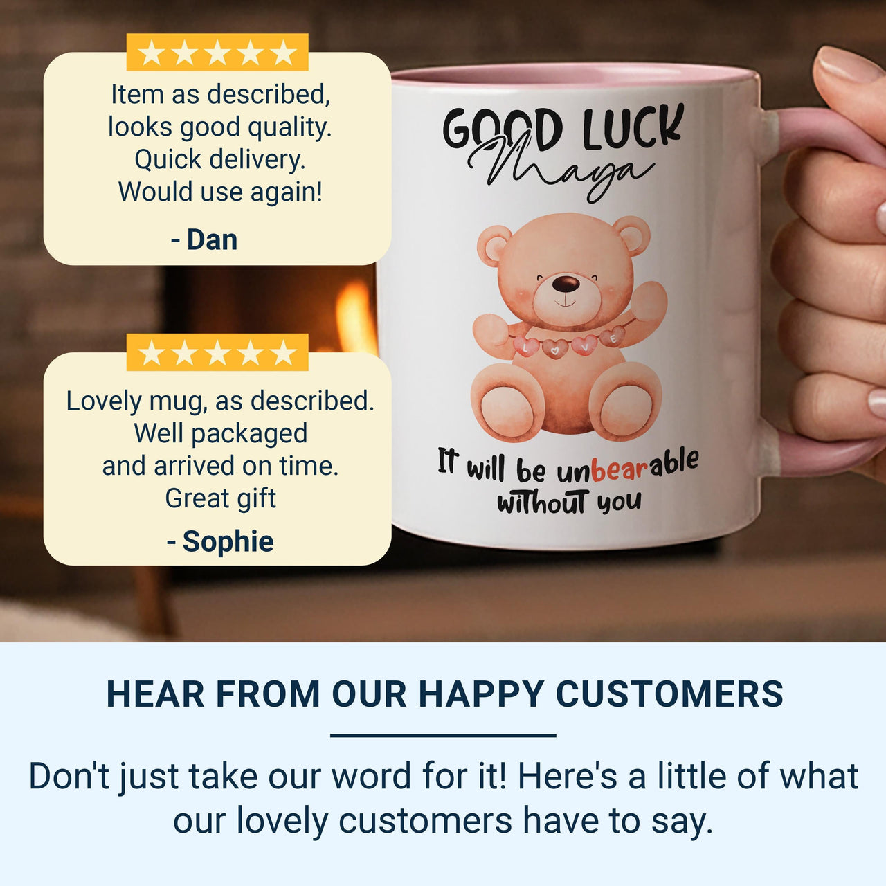 Good Luck – “Unbearable Without You” Personalised Mug – Cute Teddy and Name – Colleague Leaving, New Job and Farewell Keepsake