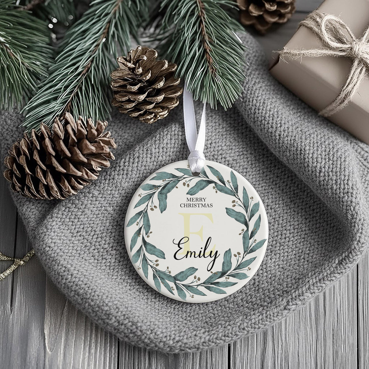 Initial Wreath Ornament - Elegant Monogram Keepsake with Name for Family Tree