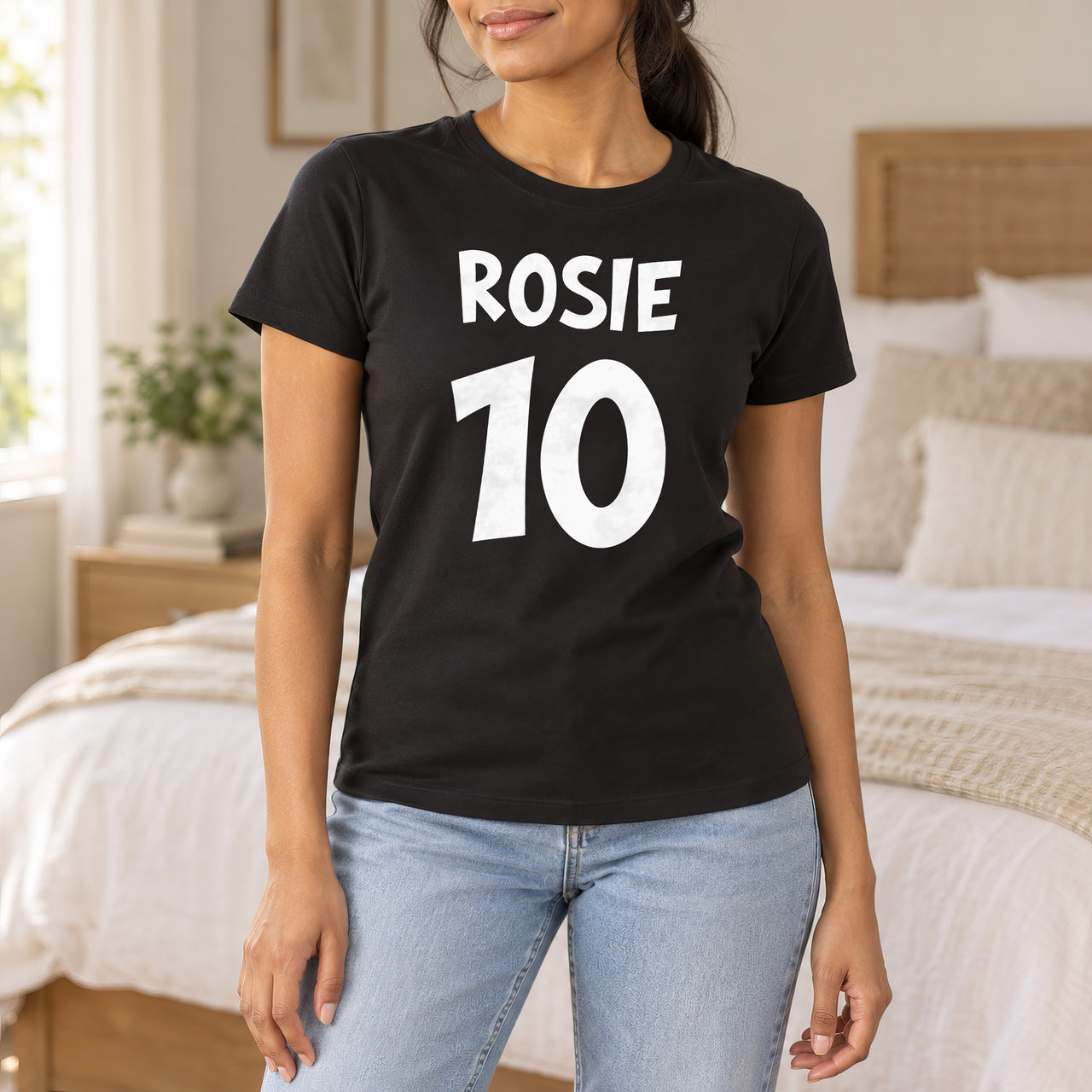 Black T-shirt with the Bold Name and Age design printed on the chest