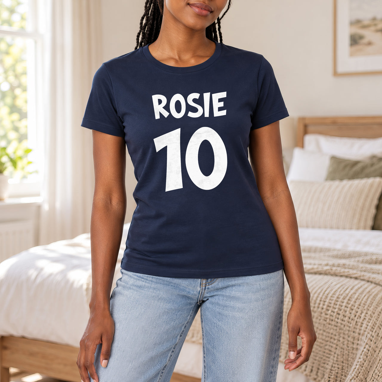 Navy T-shirt with the Bold Name and Age design printed on the chest