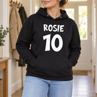 Black hoodie with the Bold Name and Age design printed on the chest