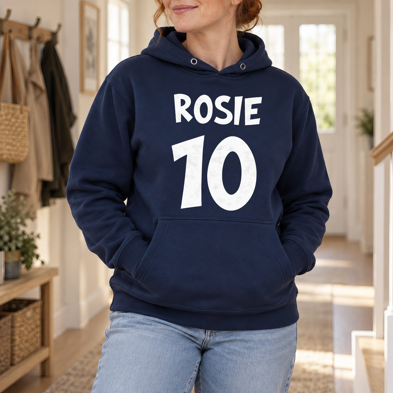 Navy hoodie with the Bold Name and Age design printed on the chest
