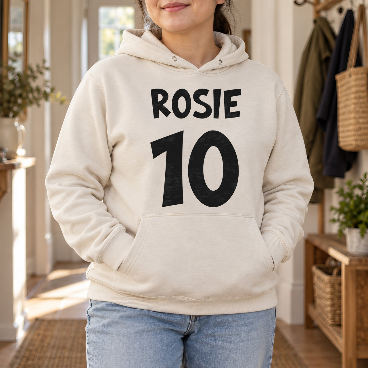 Sand hoodie with the Bold Name and Age design printed on the chest