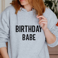 Birthday Babe Iron-On Transfer shown on a hoodie