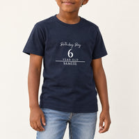 Birthday Boy Age and Name Iron-On Transfer - Personalised, shown on a navy kids t-shirt