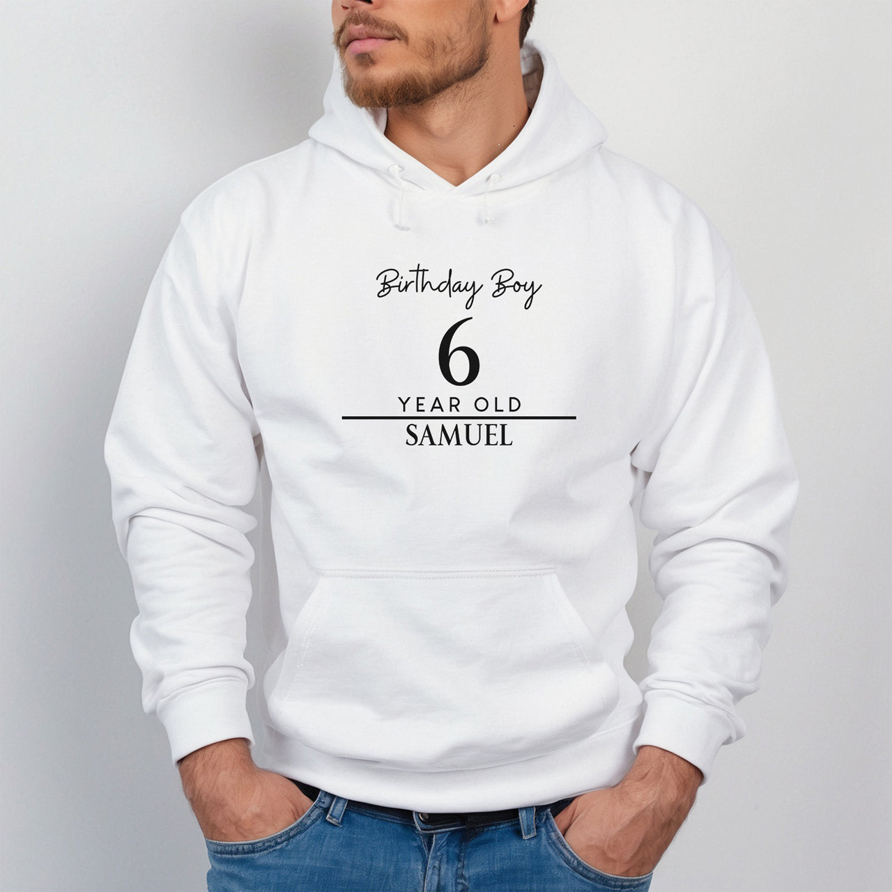 Birthday Boy Thumbs Up Iron-On Transfer shown on a hoodie