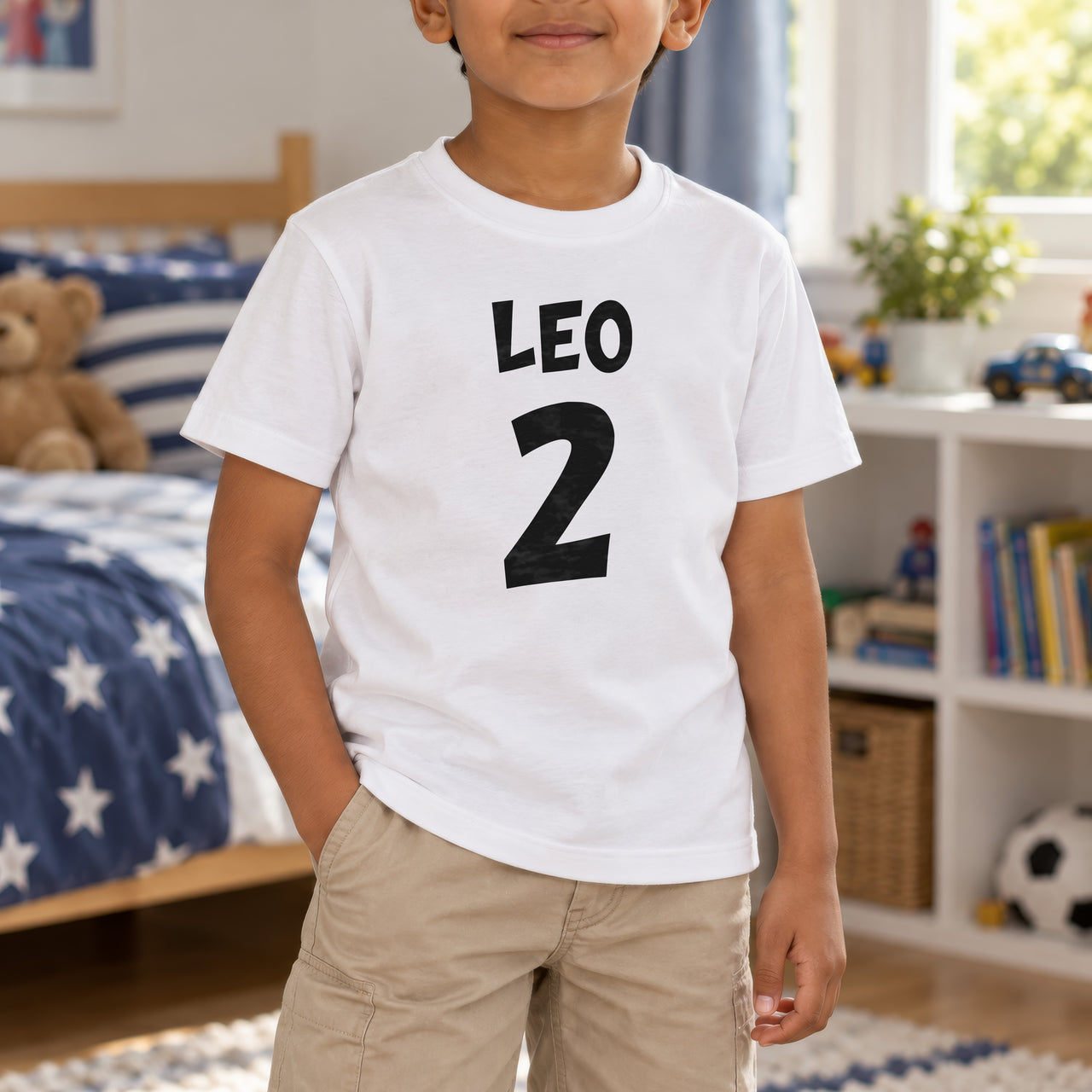 Birthday Number and Name Iron-On Transfer - Personalised, shown on a white kids t-shirt