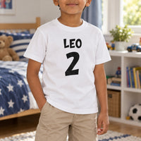 Birthday Number and Name Iron-On Transfer - Personalised, shown on a white kids t-shirt