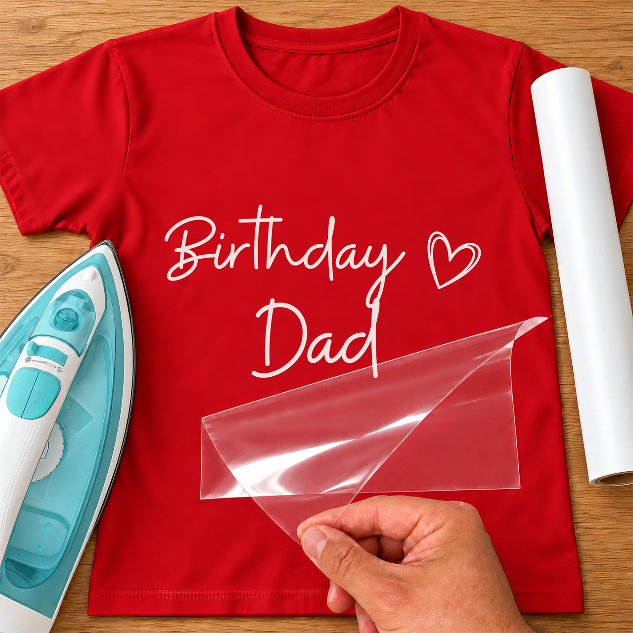 Red T-shirt with white script Birthday Dad lettering and heart, carrier film peeled beside an iron