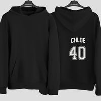Birthday Name & Number Jersey Iron-On Transfer - Personalised Sports Style Print shown on a hoodie